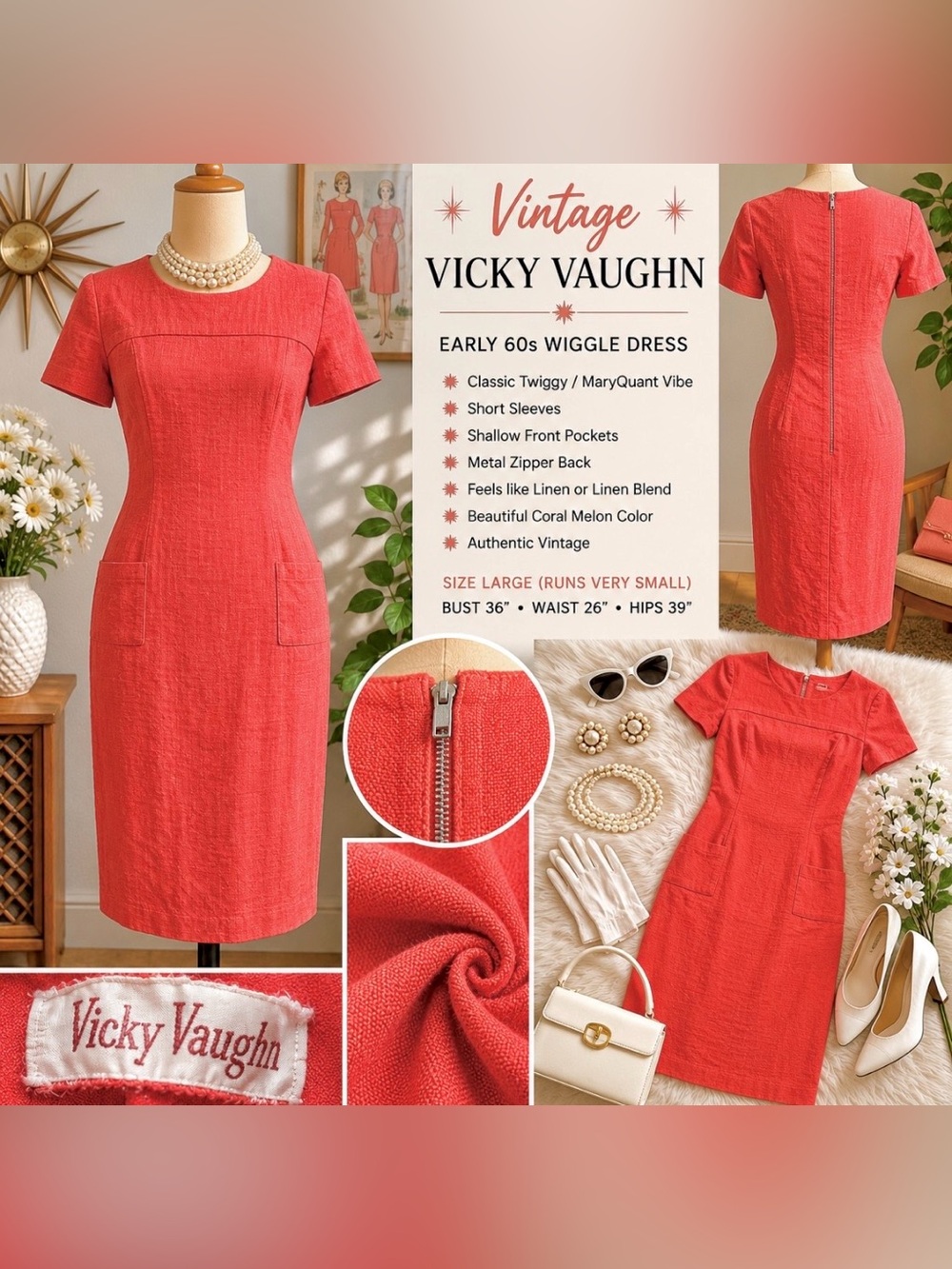 Vintage 1960’s Vicky Vaughn Junior dress- coral color- linen material- size XS/S